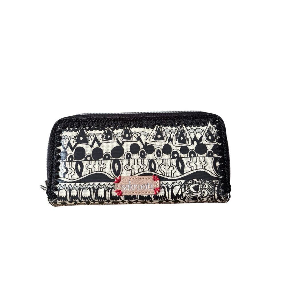 Sakroots Womens Billfold Wallet Zip Close Black Beige Organizer Credit Card Cash